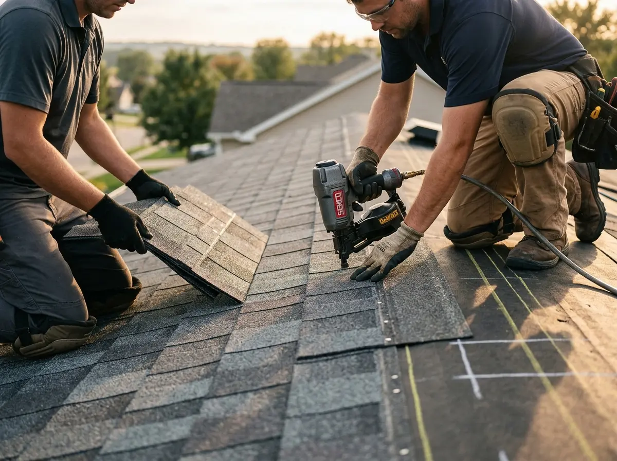 Professional roofer working on a residential roof in Jarrell
